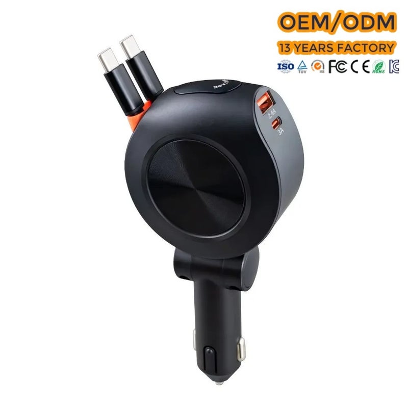 Bluejw 69W 4-in-1 Retractable Car Charger: PD 30W USB-C Fast Charging Cigarette Lighter Adapter for Automobile - Includes Retractable Cable - Image 3